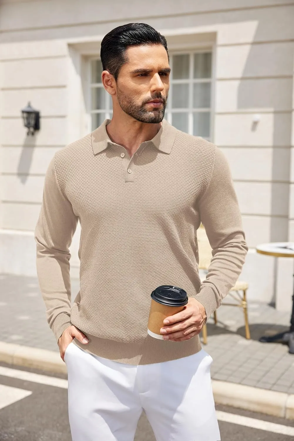COOFANDY Men's Knit Polo Sweater Long Sleeve Casual Collared Quarter Button Golf Waffle Textured Sweater