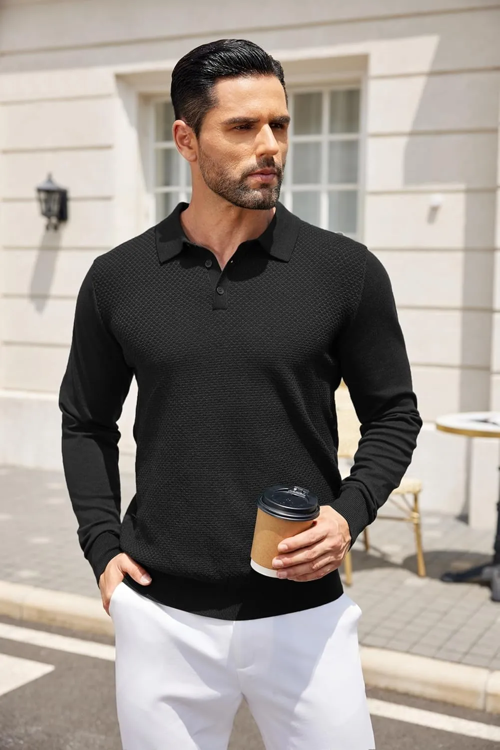 COOFANDY Men's Knit Polo Sweater Long Sleeve Casual Collared Quarter Button Golf Waffle Textured Sweater