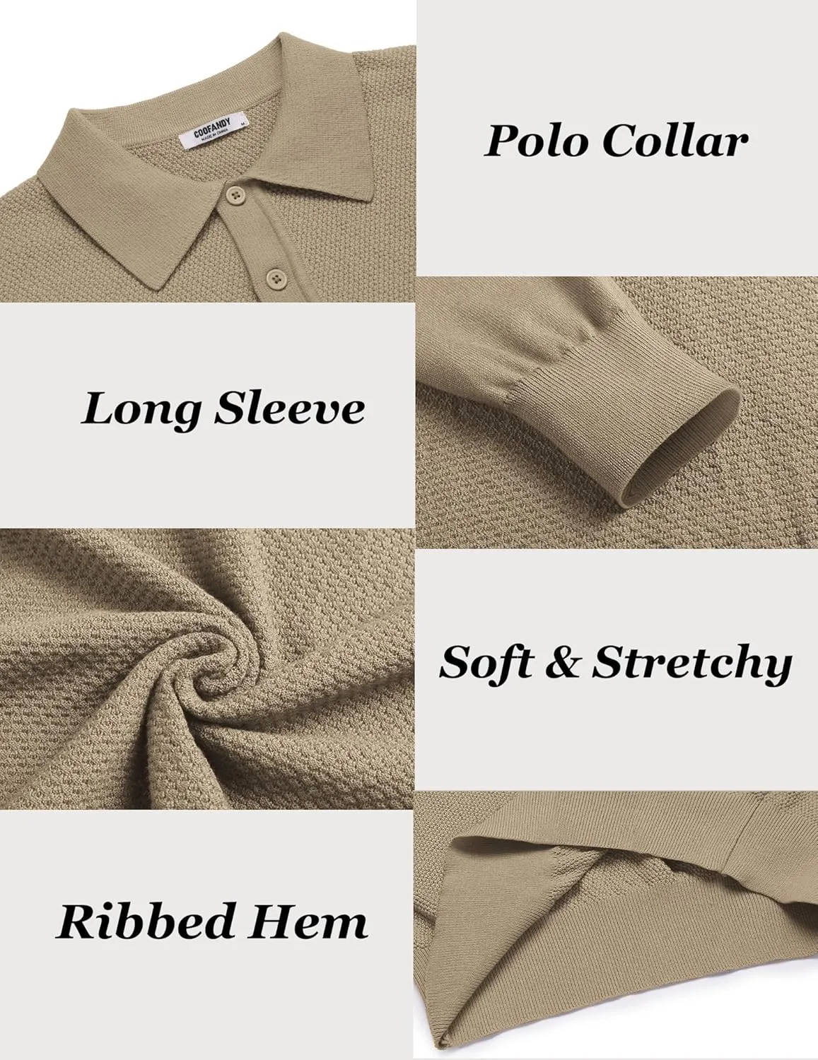 COOFANDY Men's Knit Polo Sweater Long Sleeve Casual Collared Quarter Button Golf Waffle Textured Sweater