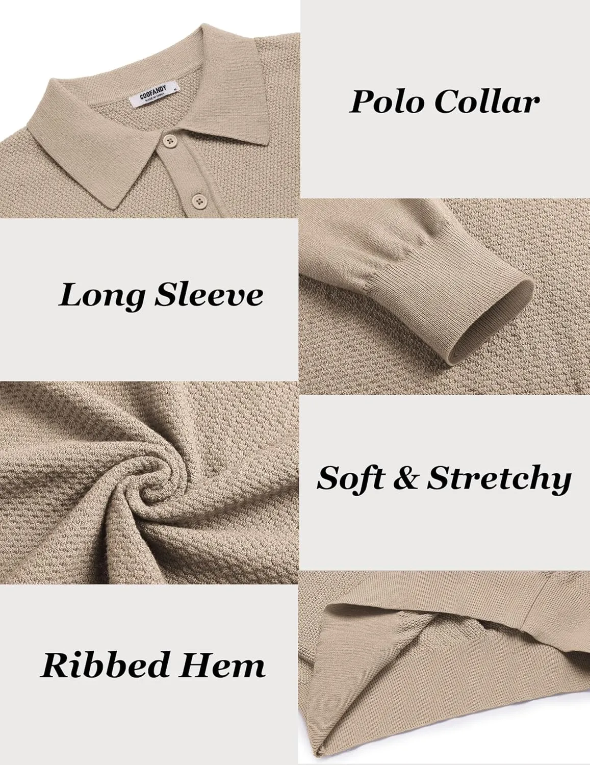 COOFANDY Men's Knit Polo Sweater Long Sleeve Casual Collared Quarter Button Golf Waffle Textured Sweater