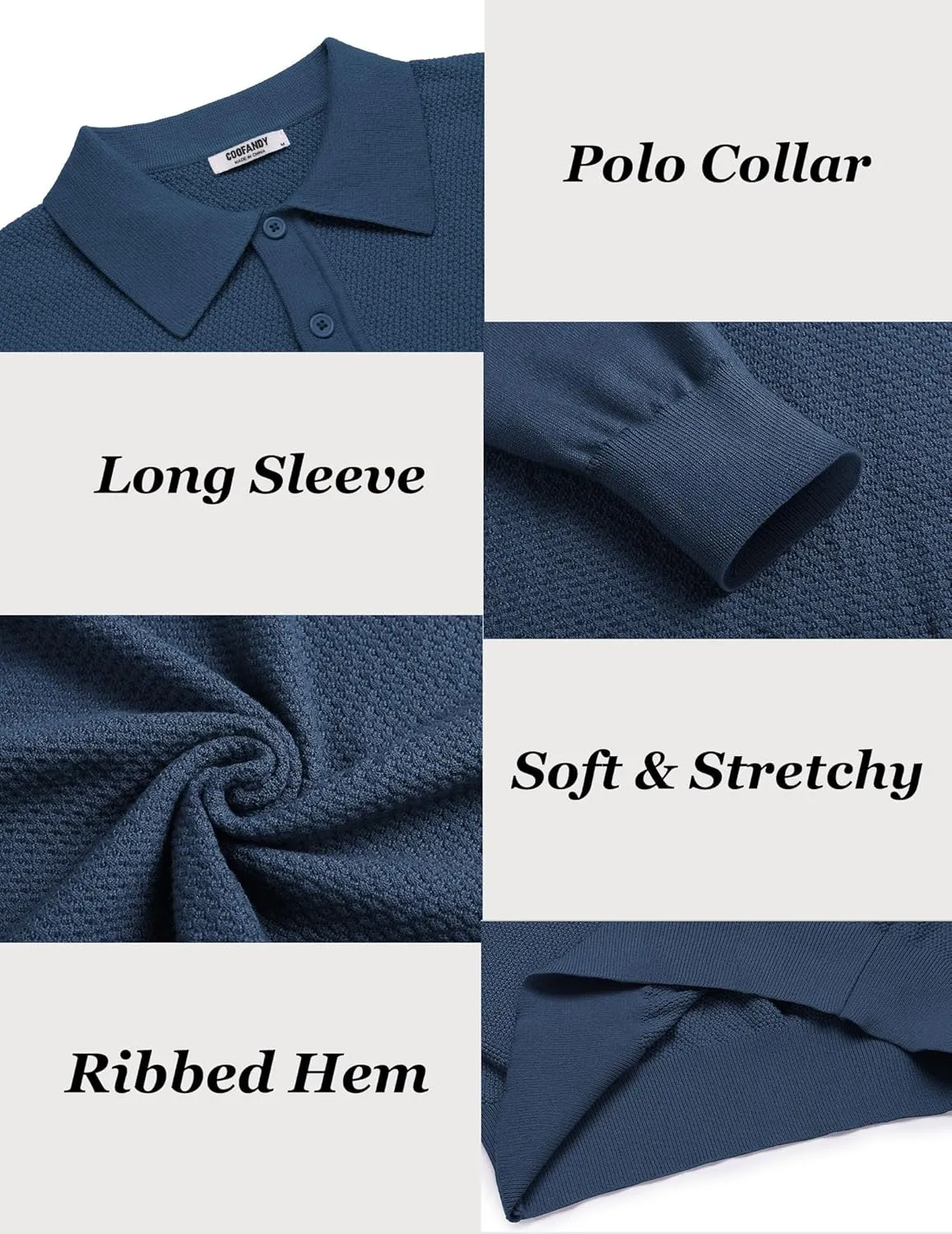 COOFANDY Men's Knit Polo Sweater Long Sleeve Casual Collared Quarter Button Golf Waffle Textured Sweater