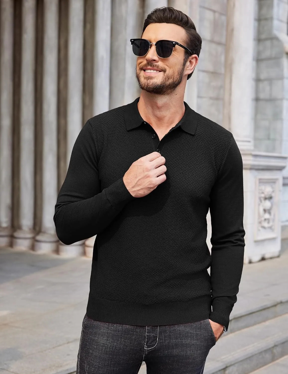 COOFANDY Men's Knit Polo Sweater Long Sleeve Casual Collared Quarter Button Golf Waffle Textured Sweater