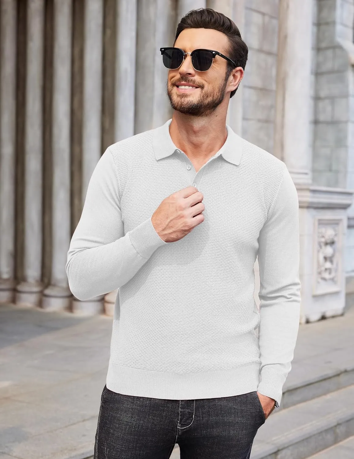 COOFANDY Men's Knit Polo Sweater Long Sleeve Casual Collared Quarter Button Golf Waffle Textured Sweater