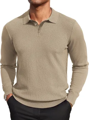 COOFANDY Men's Knit Polo Sweater Long Sleeve Casual Collared Quarter Button Golf Waffle Textured Sweater
