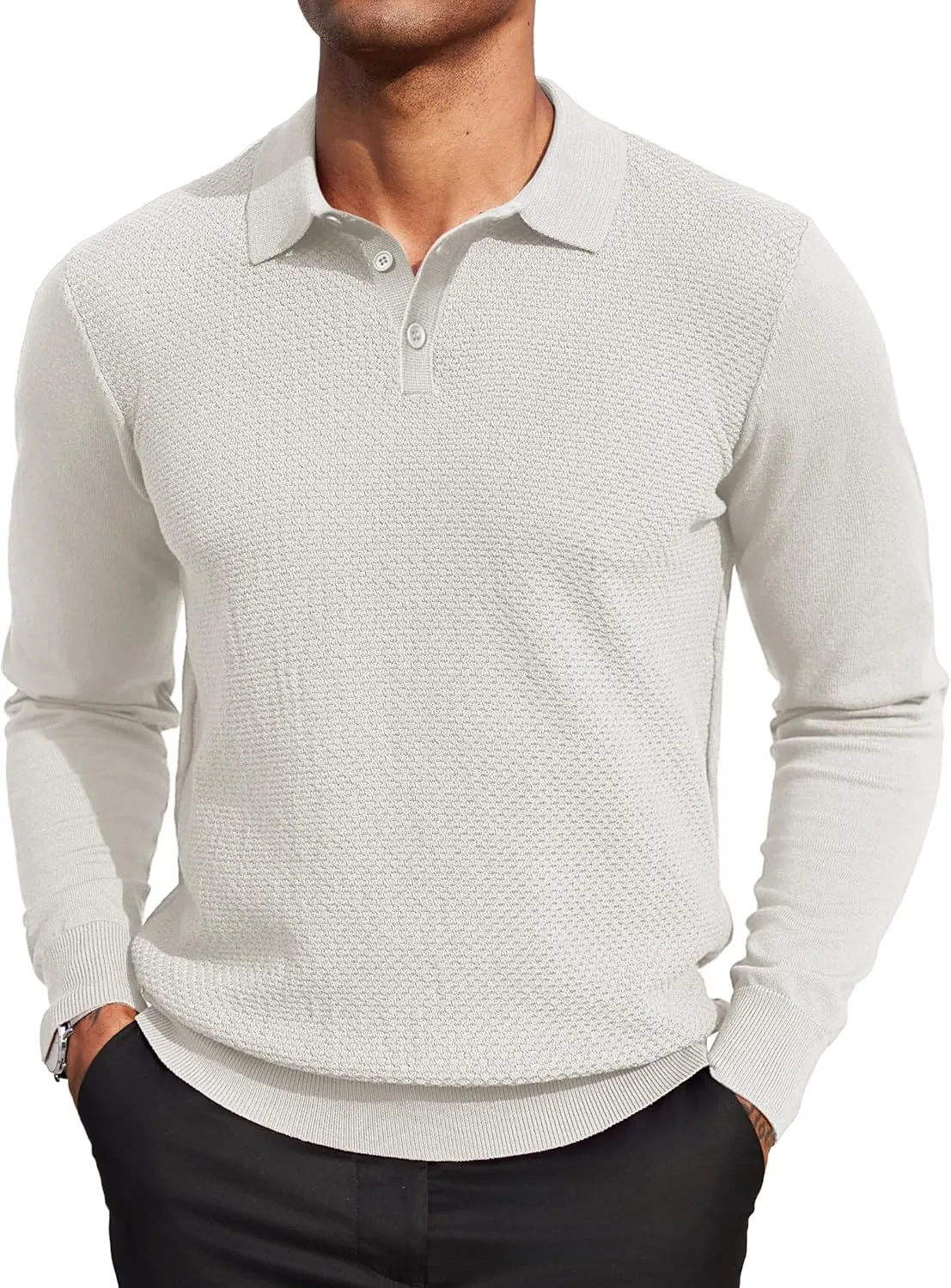COOFANDY Men's Knit Polo Sweater Long Sleeve Casual Collared Quarter Button Golf Waffle Textured Sweater