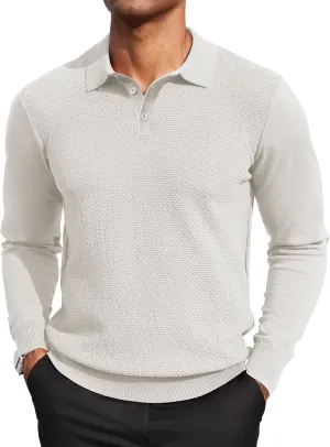COOFANDY Men's Knit Polo Sweater Long Sleeve Casual Collared Quarter Button Golf Waffle Textured Sweater