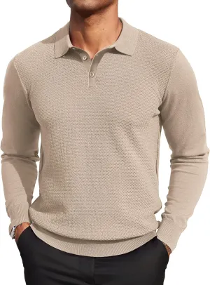COOFANDY Men's Knit Polo Sweater Long Sleeve Casual Collared Quarter Button Golf Waffle Textured Sweater