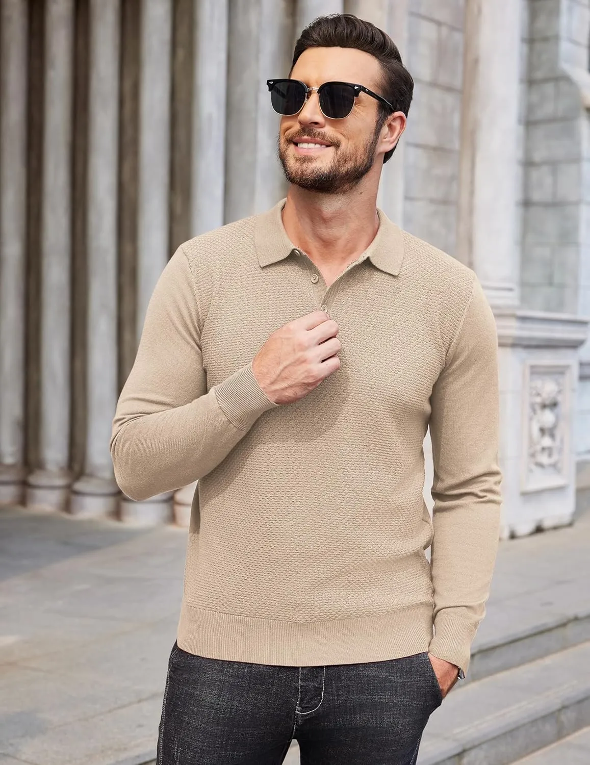 COOFANDY Men's Knit Polo Sweater Long Sleeve Casual Collared Quarter Button Golf Waffle Textured Sweater