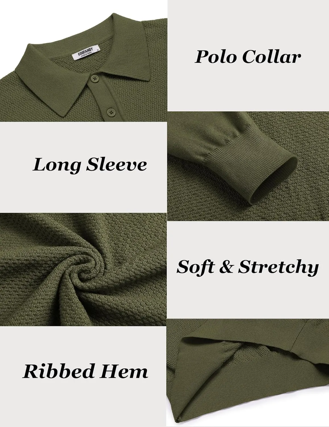 COOFANDY Men's Knit Polo Sweater Long Sleeve Casual Collared Quarter Button Golf Waffle Textured Sweater