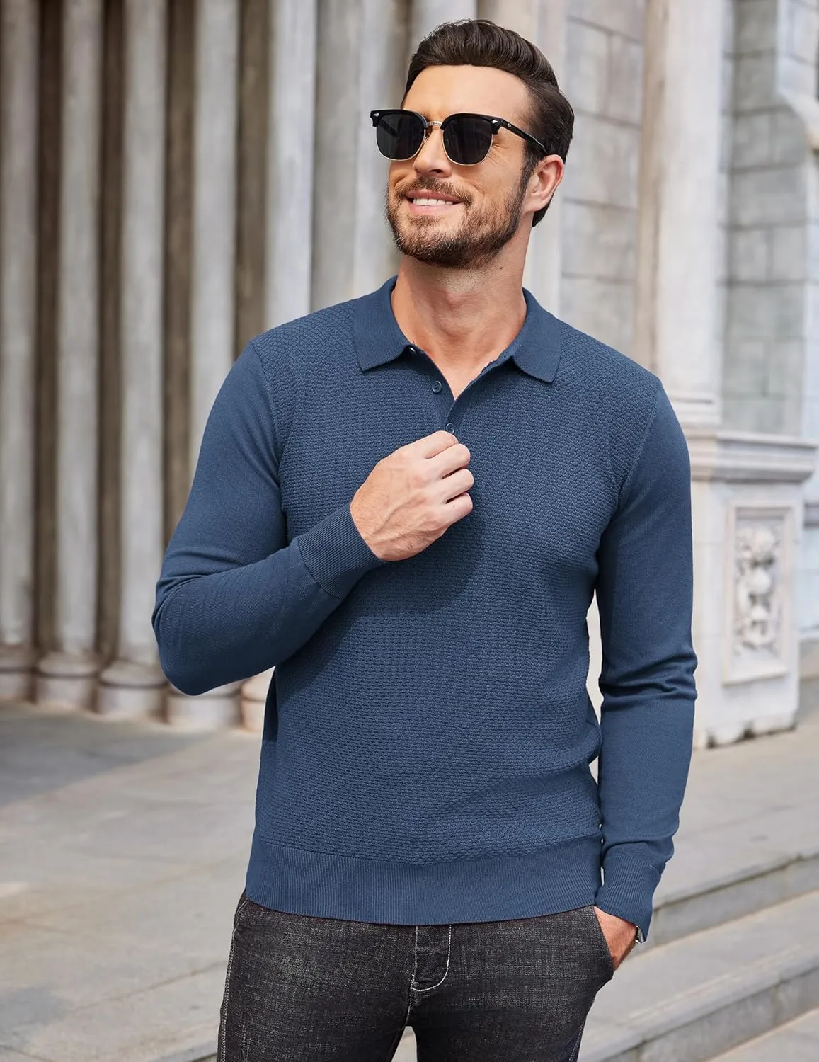 COOFANDY Men's Knit Polo Sweater Long Sleeve Casual Collared Quarter Button Golf Waffle Textured Sweater