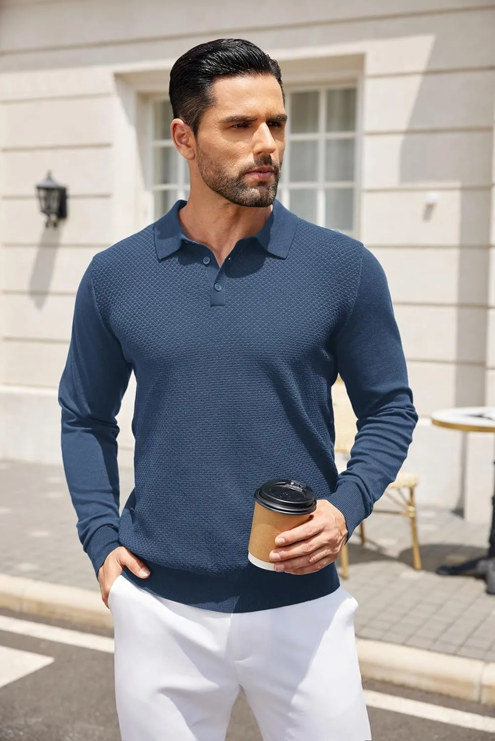 COOFANDY Men's Knit Polo Sweater Long Sleeve Casual Collared Quarter Button Golf Waffle Textured Sweater