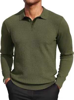 COOFANDY Men's Knit Polo Sweater Long Sleeve Casual Collared Quarter Button Golf Waffle Textured Sweater