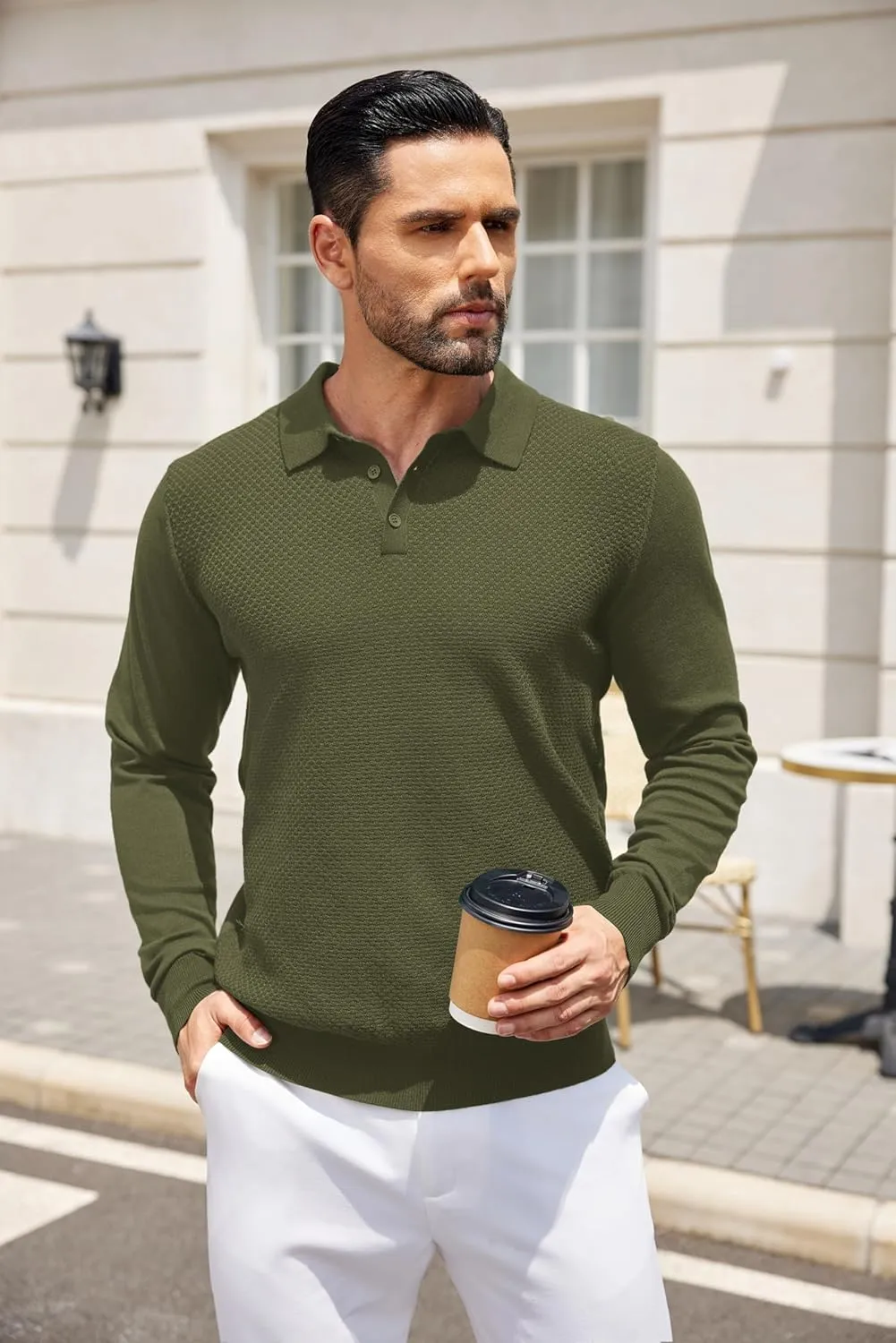 COOFANDY Men's Knit Polo Sweater Long Sleeve Casual Collared Quarter Button Golf Waffle Textured Sweater
