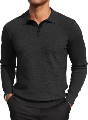 COOFANDY Men's Knit Polo Sweater Long Sleeve Casual Collared Quarter Button Golf Waffle Textured Sweater