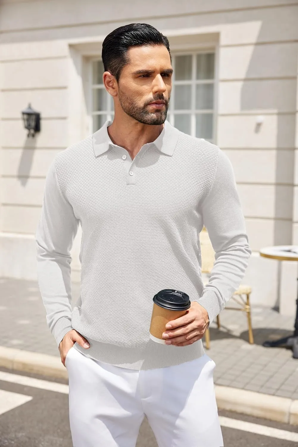 COOFANDY Men's Knit Polo Sweater Long Sleeve Casual Collared Quarter Button Golf Waffle Textured Sweater