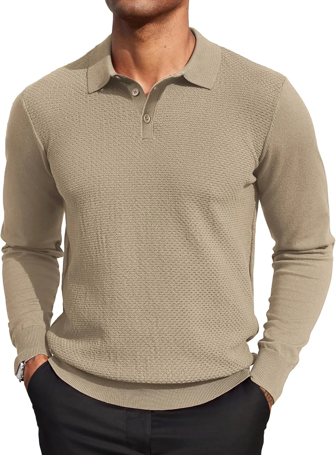 COOFANDY Men's Knit Polo Sweater Long Sleeve Casual Collared Quarter Button Golf Waffle Textured Sweater
