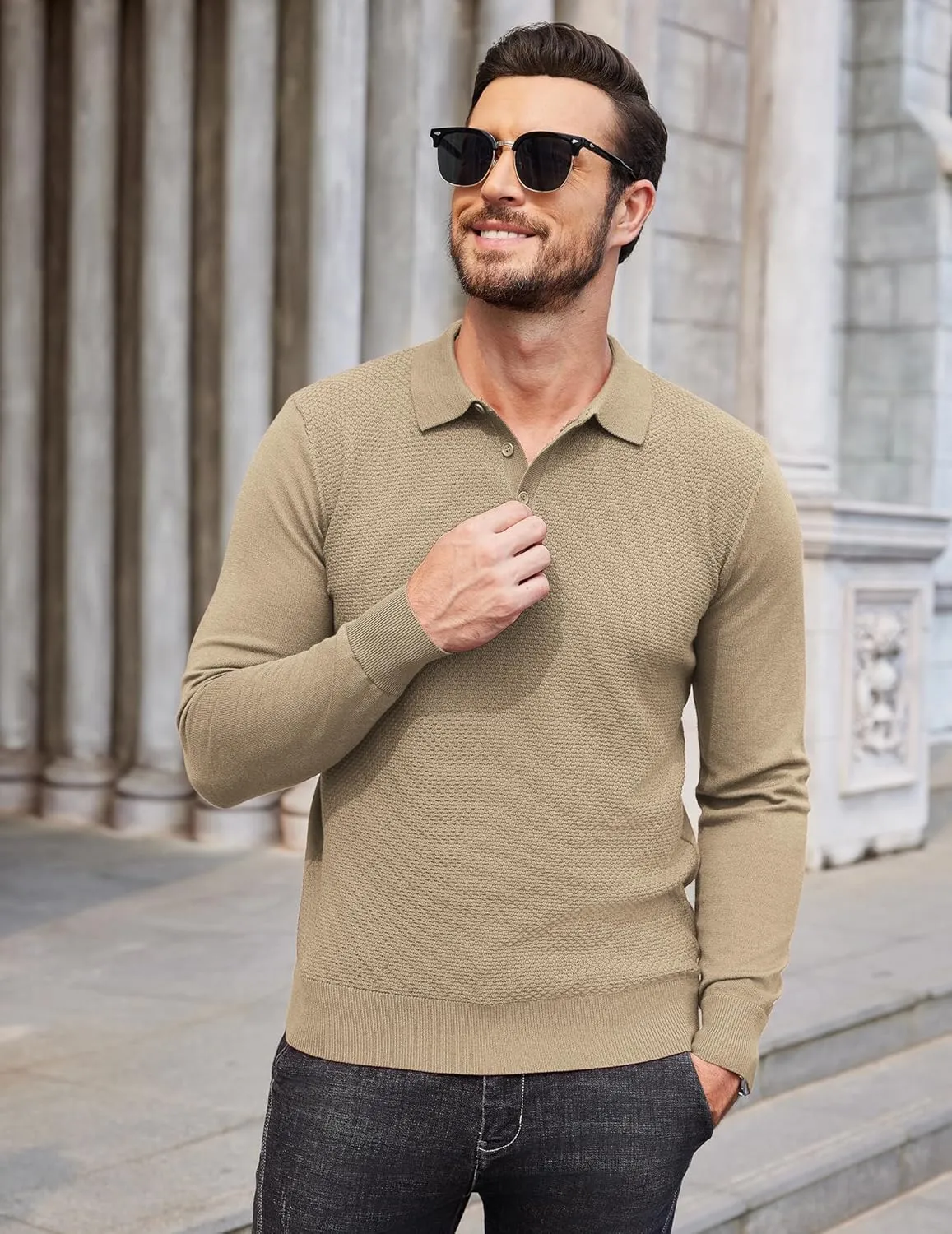 COOFANDY Men's Knit Polo Sweater Long Sleeve Casual Collared Quarter Button Golf Waffle Textured Sweater