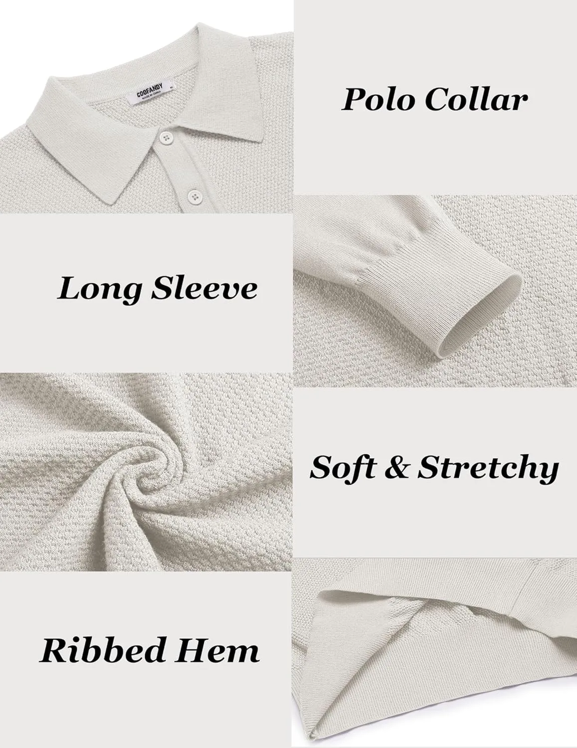 COOFANDY Men's Knit Polo Sweater Long Sleeve Casual Collared Quarter Button Golf Waffle Textured Sweater