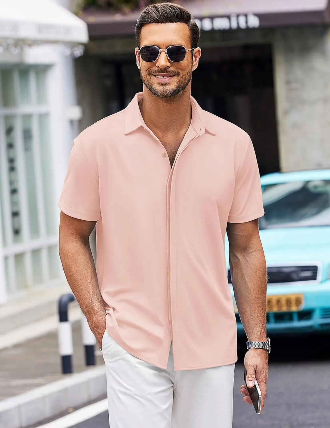 COOFANDY Mens Short Sleeve Wrinkle Free Shirt Casual Button Down Shirt Summer Dress Shirt