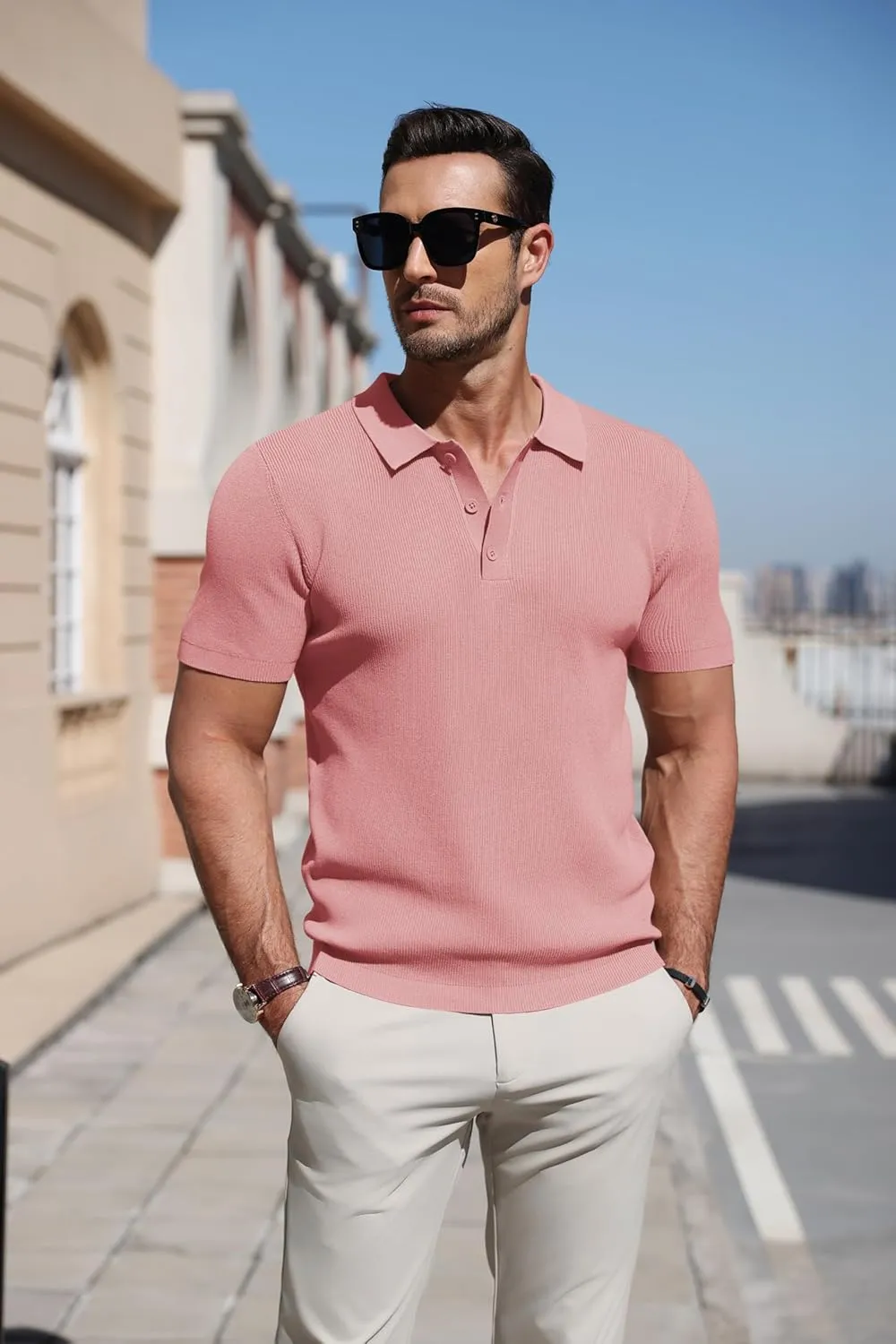 COOFANDY Mens Slim Fit Knit Polo Shirts Business Lightweight Polo Sweater Casual Summer Ribbed Textured Collared T Shirt