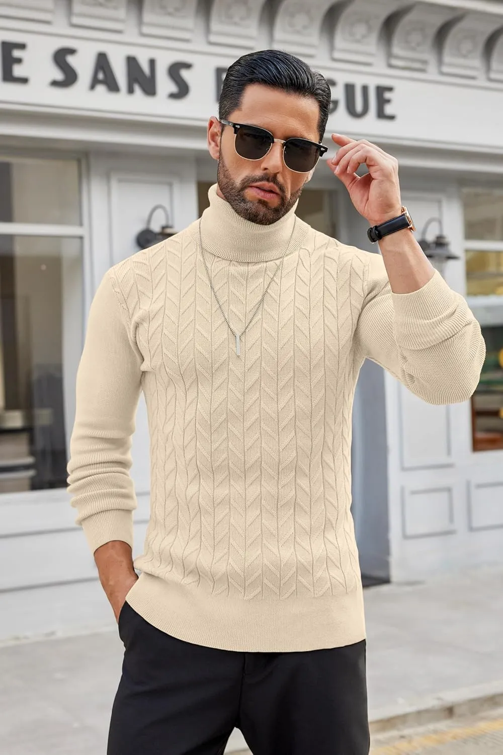 COOFANDY Men's Slim Fit Turtleneck Sweater Casual Pullover Sweater Basic Twist Patterned Knitted Sweater