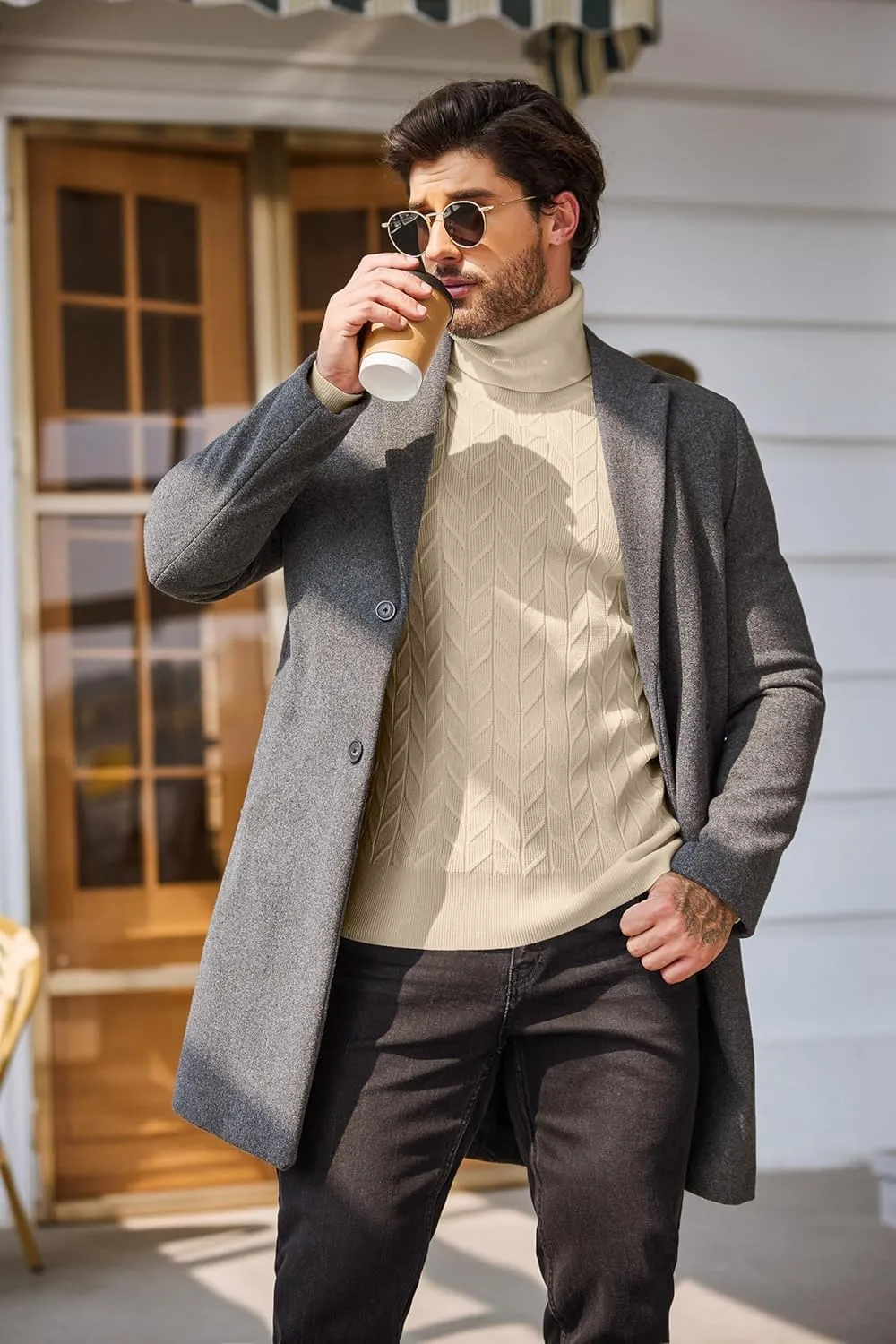 COOFANDY Men's Slim Fit Turtleneck Sweater Casual Pullover Sweater Basic Twist Patterned Knitted Sweater