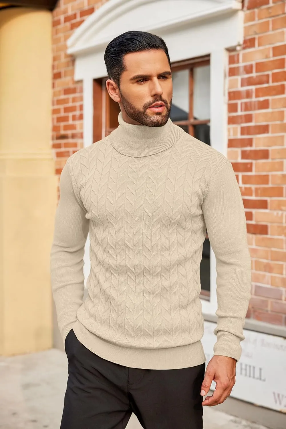 COOFANDY Men's Slim Fit Turtleneck Sweater Casual Pullover Sweater Basic Twist Patterned Knitted Sweater