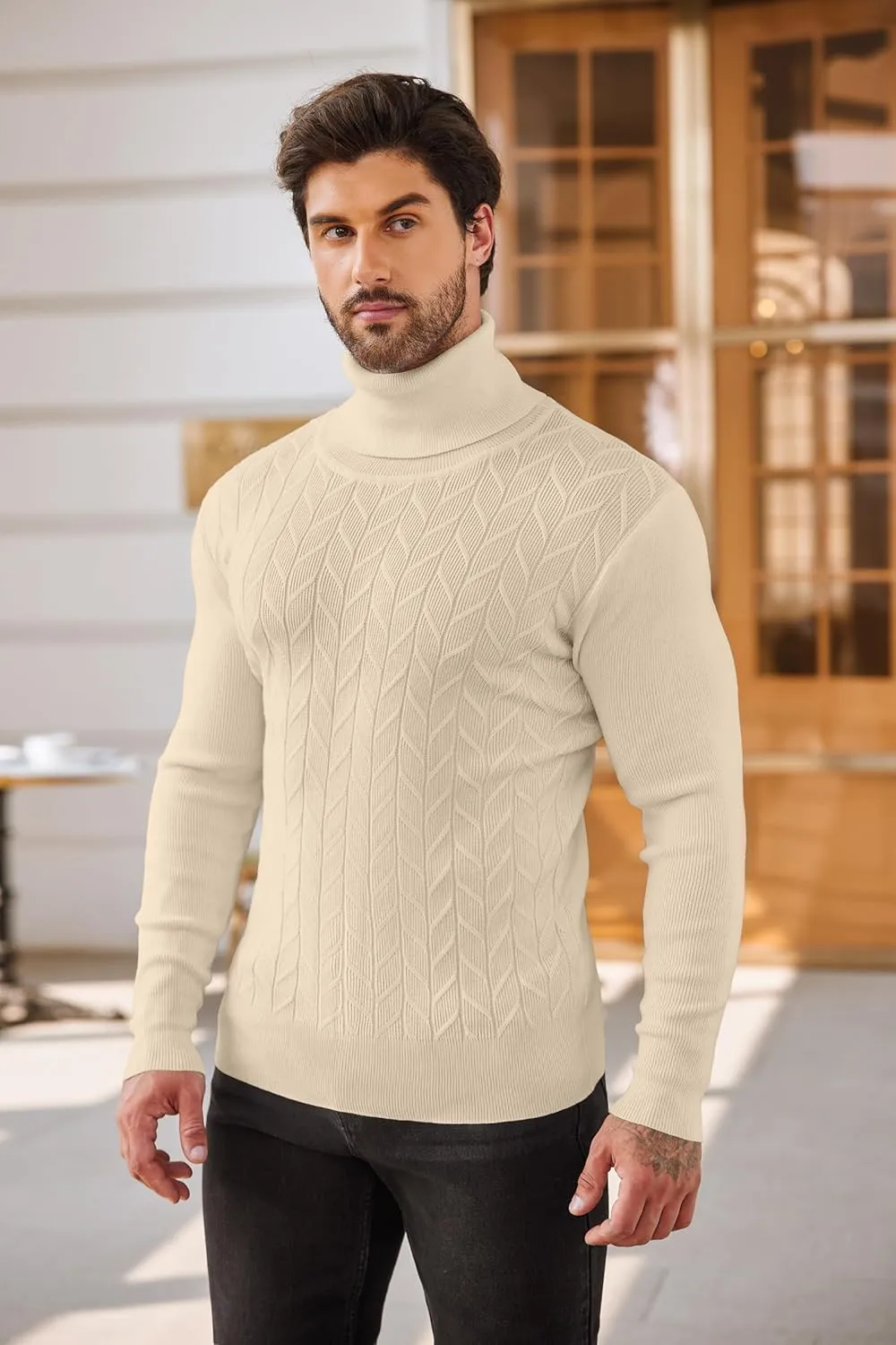 COOFANDY Men's Slim Fit Turtleneck Sweater Casual Pullover Sweater Basic Twist Patterned Knitted Sweater