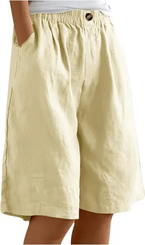 Cotton Linen Shorts for Women Loose Fit Knee Length Bermuda Shorts Casual Wide Leg Elastic Waist Workout Shorts