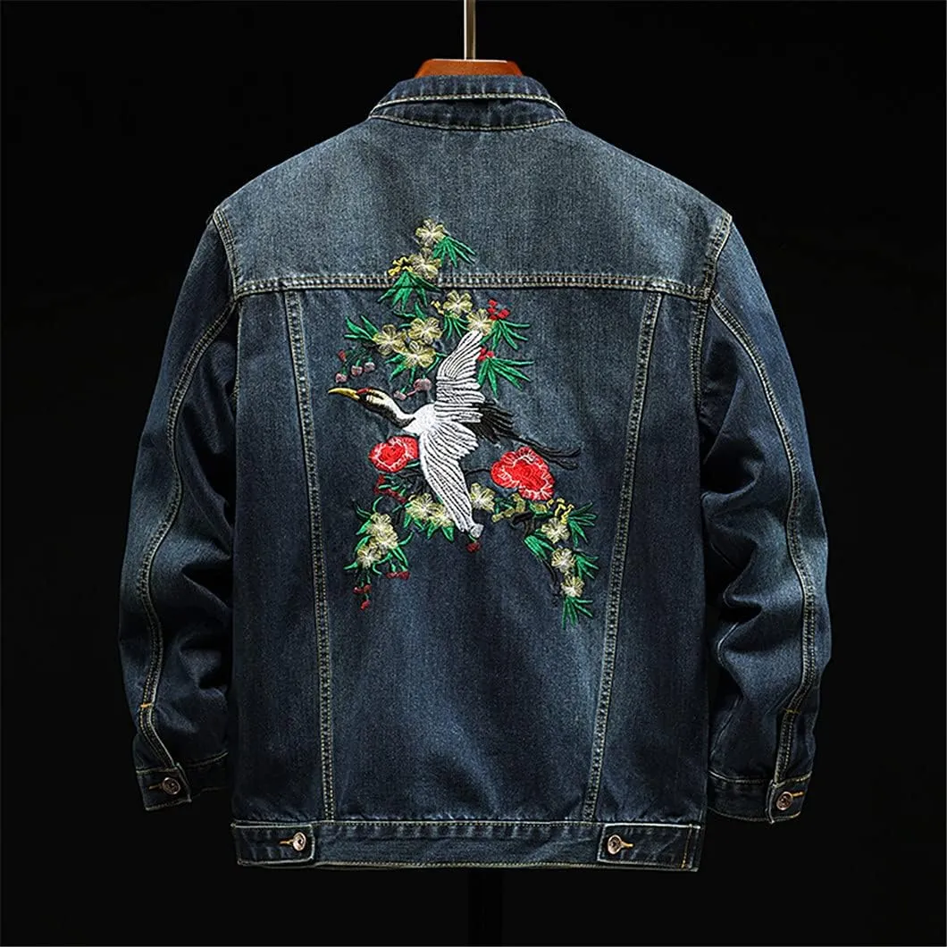 Crane Embroidered Denim Jacket Men's Autumn Retro Slim Jacket Denim Clothes