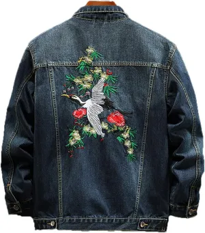 Crane Embroidered Denim Jacket Men's Autumn Retro Slim Jacket Denim Clothes
