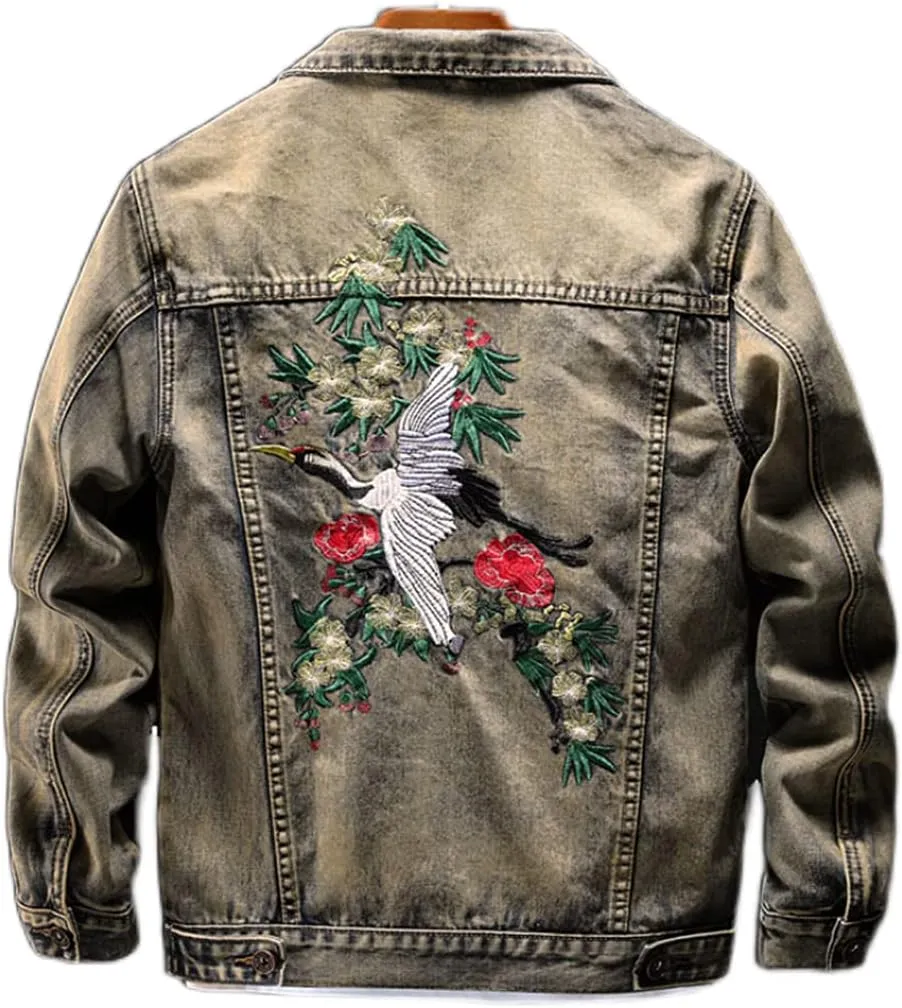 Crane Embroidered Denim Jacket Men's Autumn Retro Slim Jacket Denim Clothes