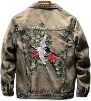 Crane Embroidered Denim Jacket Men's Autumn Retro Slim Jacket Denim Clothes