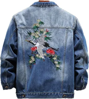 Crane Embroidered Denim Jacket Men's Autumn Retro Slim Jacket Denim Clothes