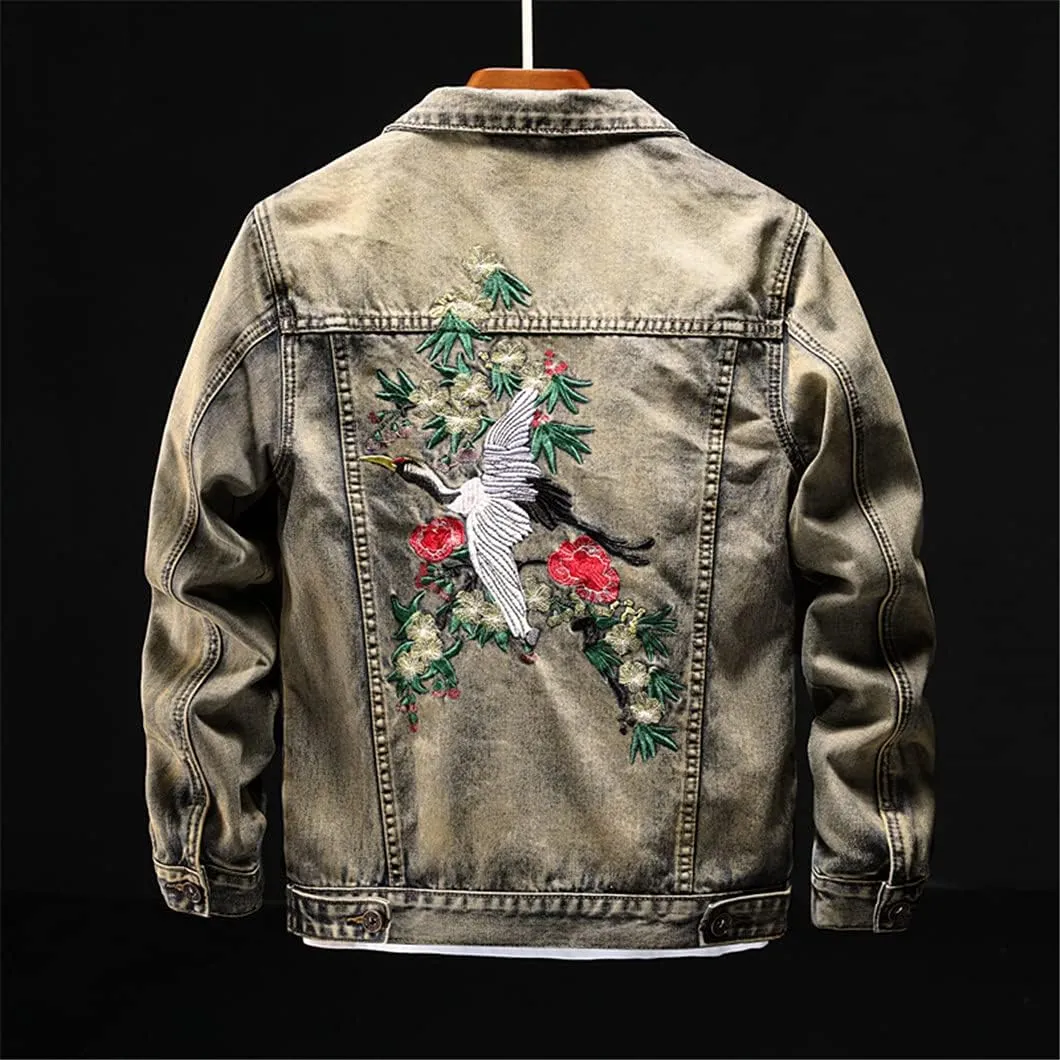 Crane Embroidered Denim Jacket Men's Autumn Retro Slim Jacket Denim Clothes