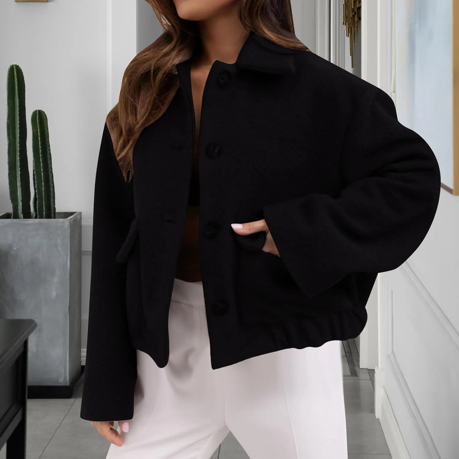 Cropped Trench Coat Women Casual Single Breasted Jacket Short Pea Coat Long Sleeve Wool Blend Jacket Fashion Outfits