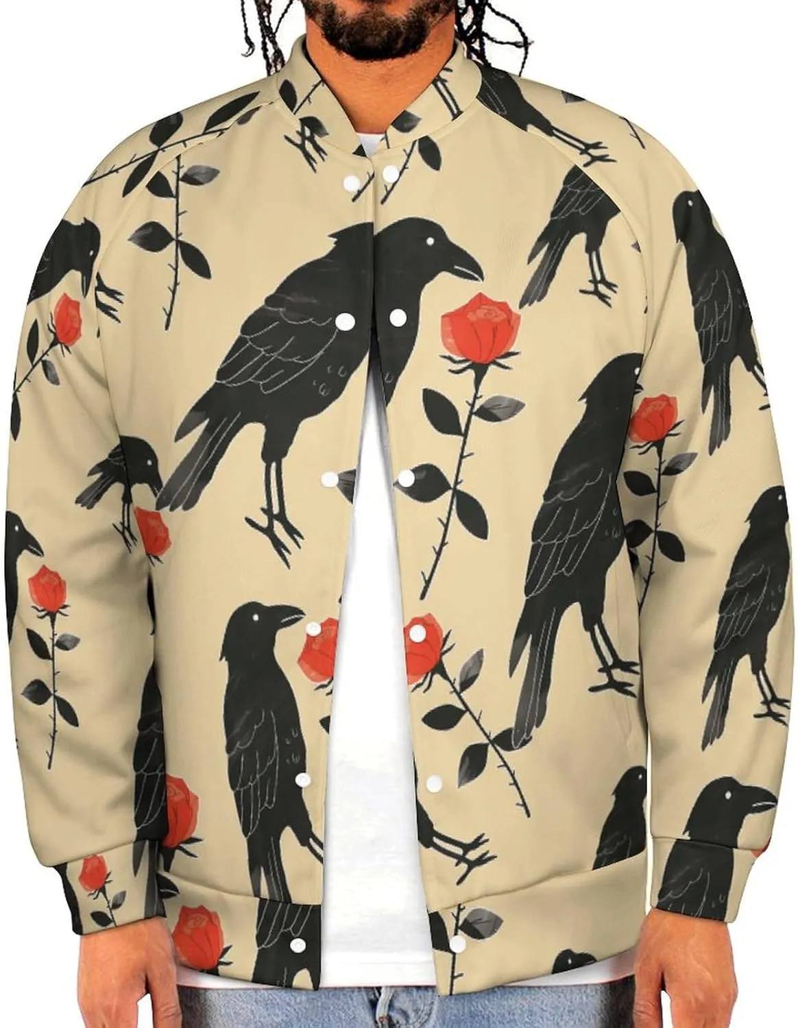 Crow Holding A Rose Flower Lightweight Men's Baseball Jackets Relaxed Fit Varsity Bomber Jacket Windbreaker Coat
