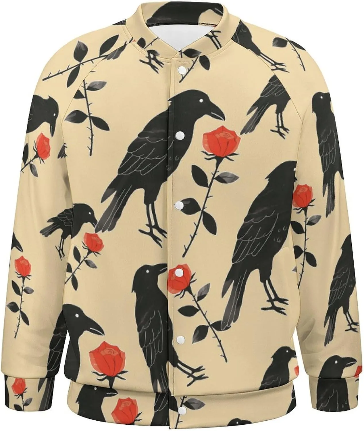 Crow Holding A Rose Flower Lightweight Men's Baseball Jackets Relaxed Fit Varsity Bomber Jacket Windbreaker Coat