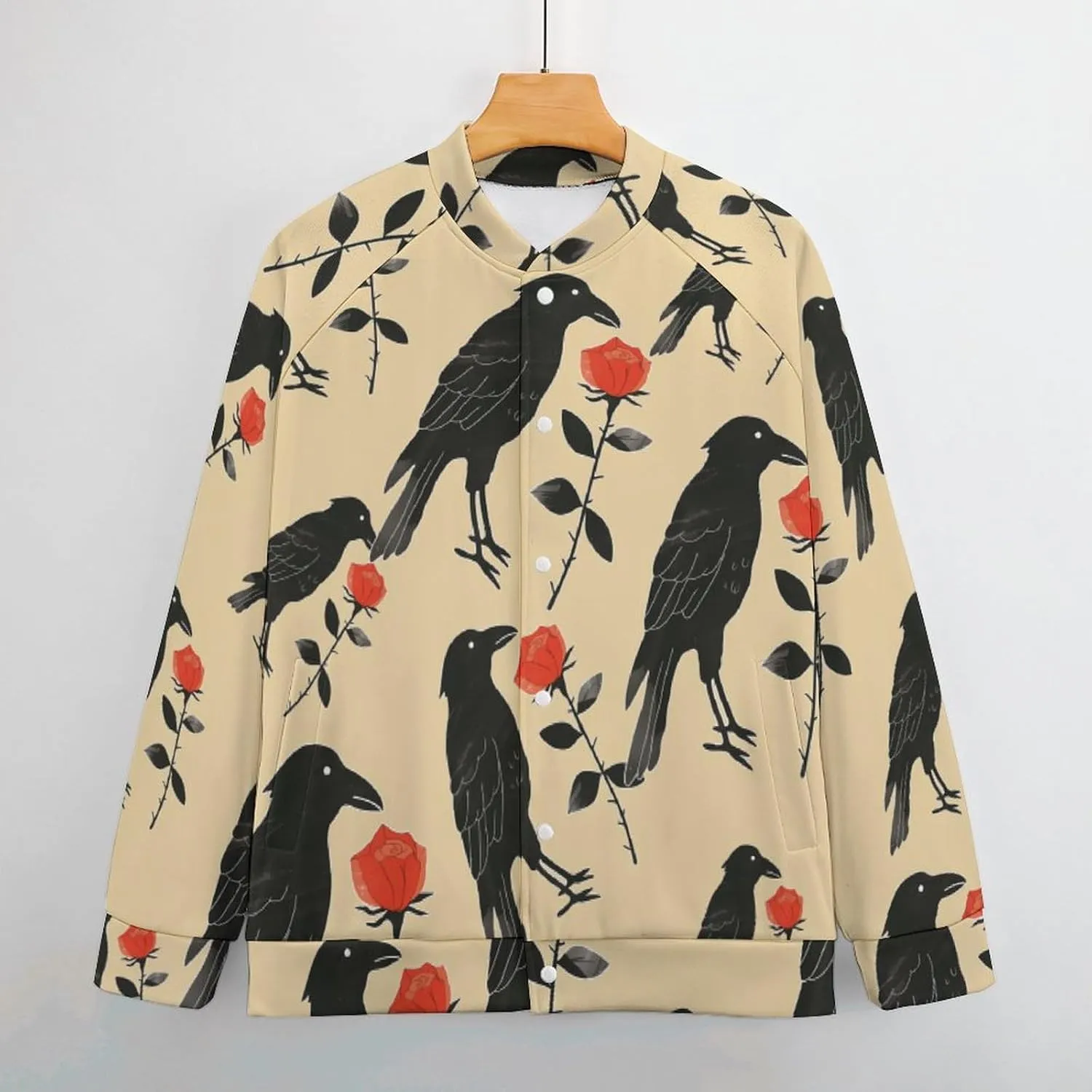 Crow Holding A Rose Flower Lightweight Men's Baseball Jackets Relaxed Fit Varsity Bomber Jacket Windbreaker Coat
