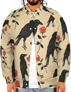 Crow Holding A Rose Flower Lightweight Men's Baseball Jackets Relaxed Fit Varsity Bomber Jacket Windbreaker Coat