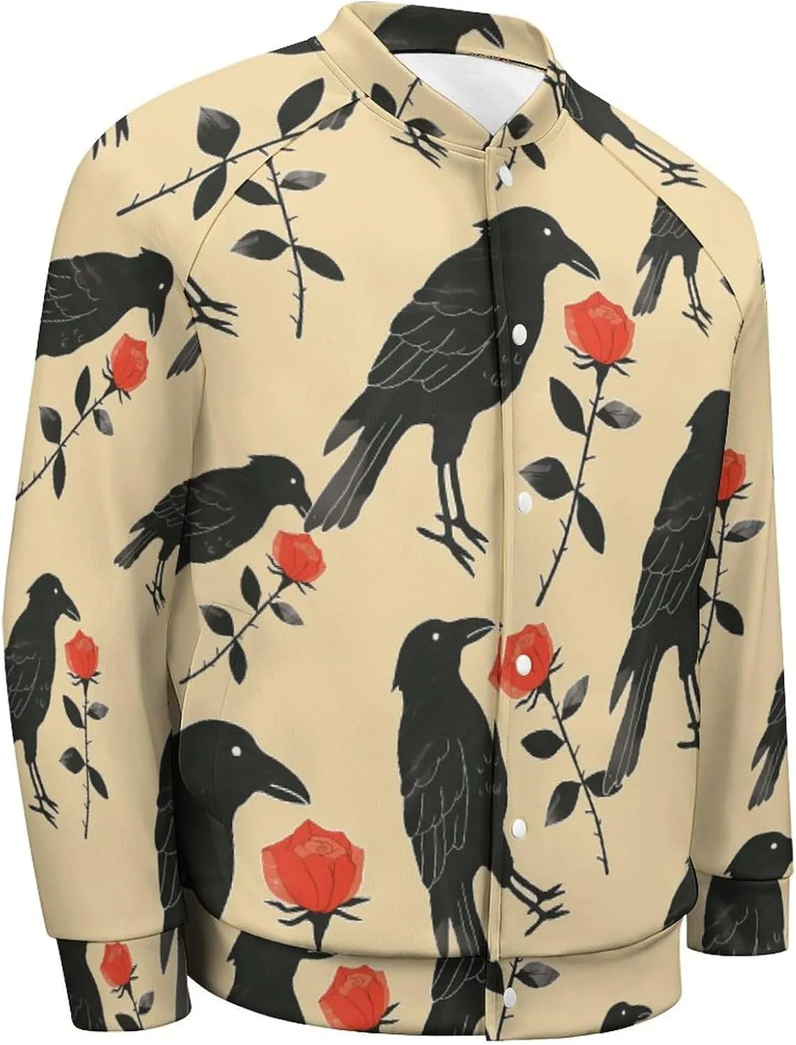 Crow Holding A Rose Flower Lightweight Men's Baseball Jackets Relaxed Fit Varsity Bomber Jacket Windbreaker Coat