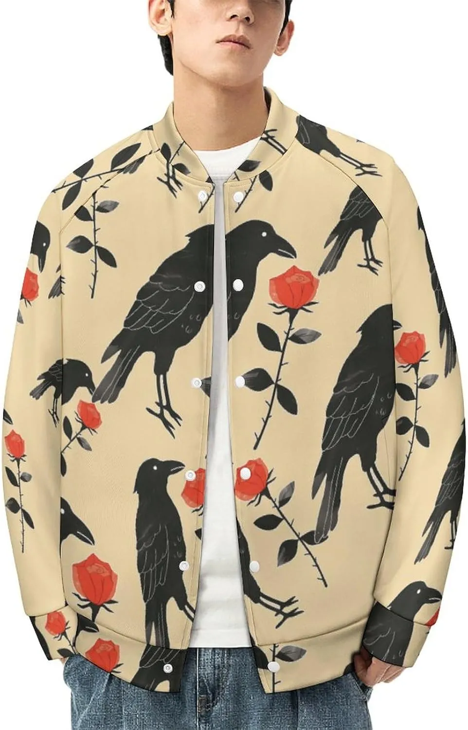 Crow Holding A Rose Flower Lightweight Men's Baseball Jackets Relaxed Fit Varsity Bomber Jacket Windbreaker Coat