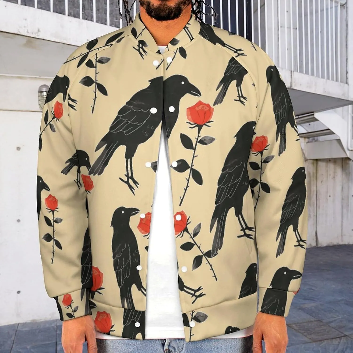 Crow Holding A Rose Flower Lightweight Men's Baseball Jackets Relaxed Fit Varsity Bomber Jacket Windbreaker Coat