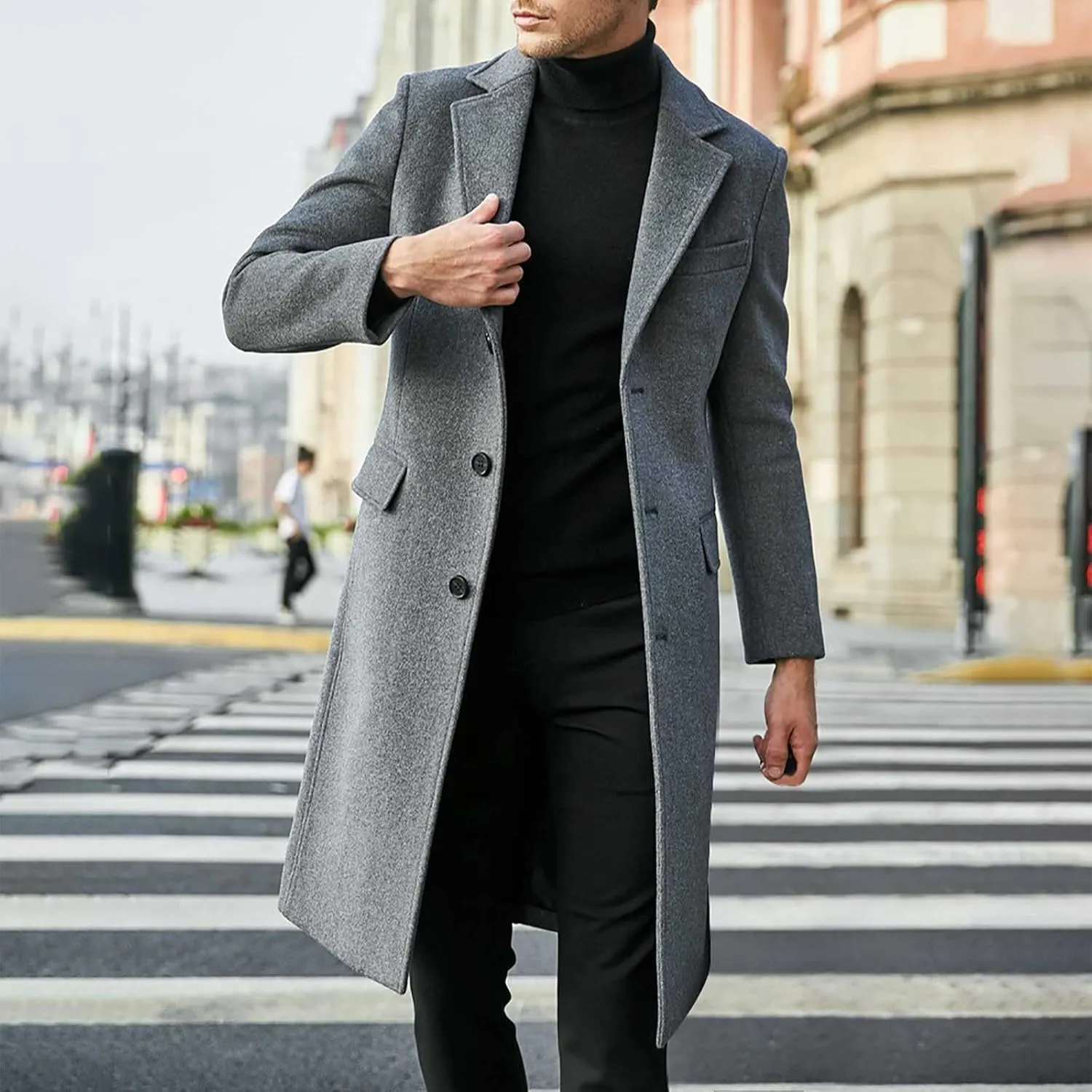 Ctreela Classic Single Breasted Peacoat for Men Solid Color Woolen Notched Collar Overcoats Warm Winter Trench Coat Outwear