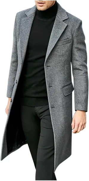 Ctreela Classic Single Breasted Peacoat for Men Solid Color Woolen Notched Collar Overcoats Warm Winter Trench Coat Outwear