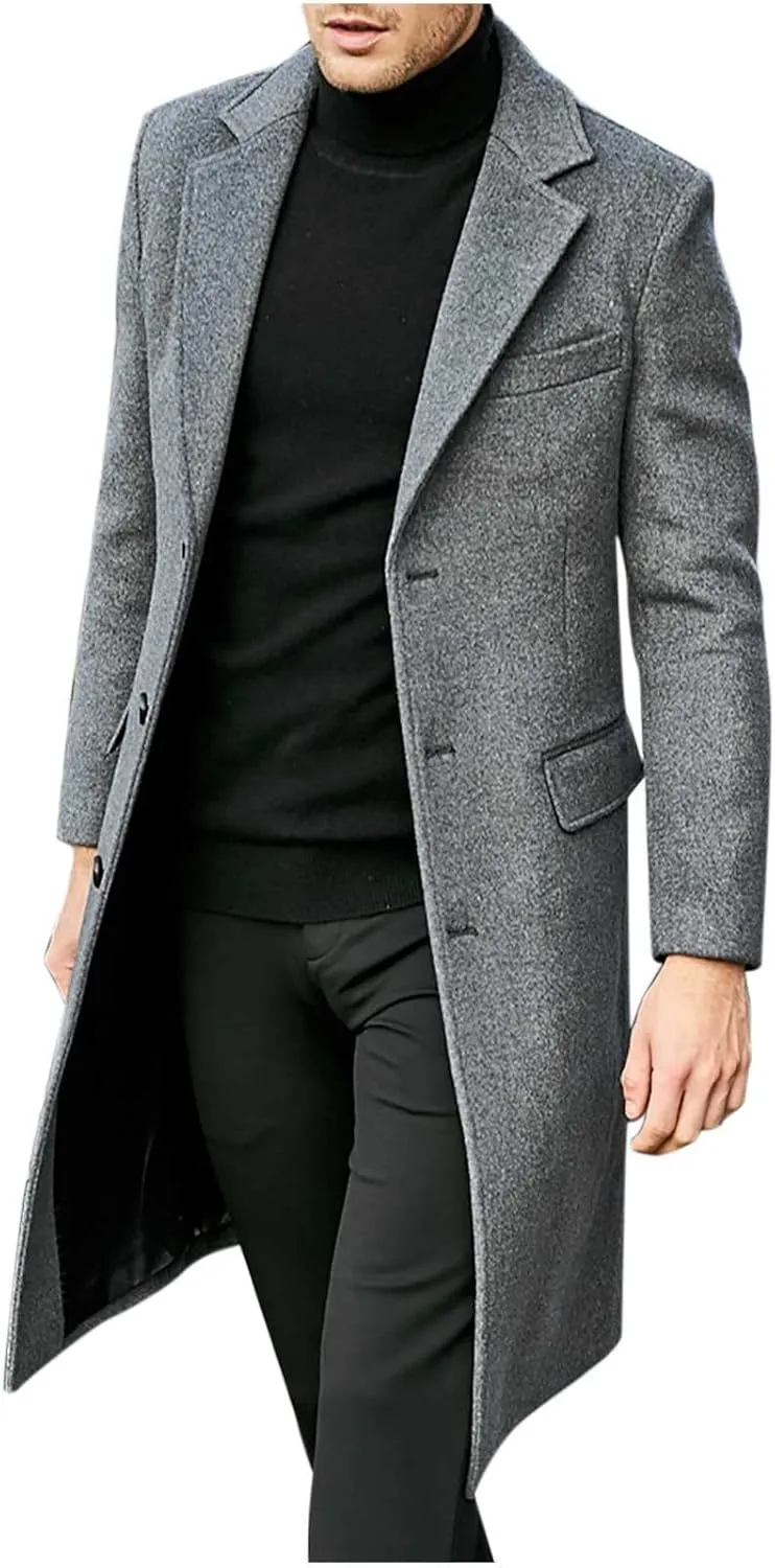 Ctreela Classic Single Breasted Peacoat for Men Solid Color Woolen Notched Collar Overcoats Warm Winter Trench Coat Outwear