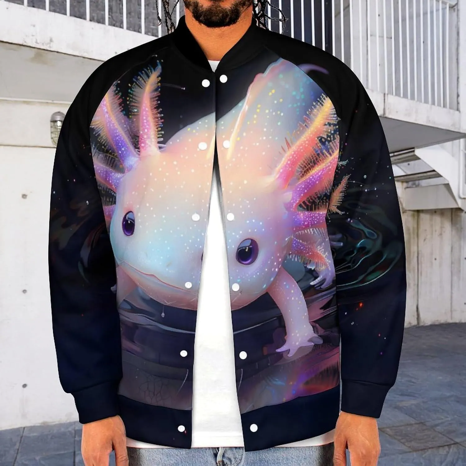 Cute Axolotl and Shadow Lightweight Men's Baseball Jackets Relaxed Fit Varsity Bomber Jacket Windbreaker Coat