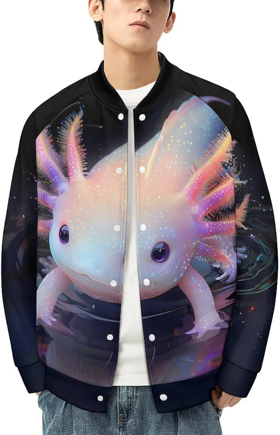 Cute Axolotl and Shadow Lightweight Men's Baseball Jackets Relaxed Fit Varsity Bomber Jacket Windbreaker Coat