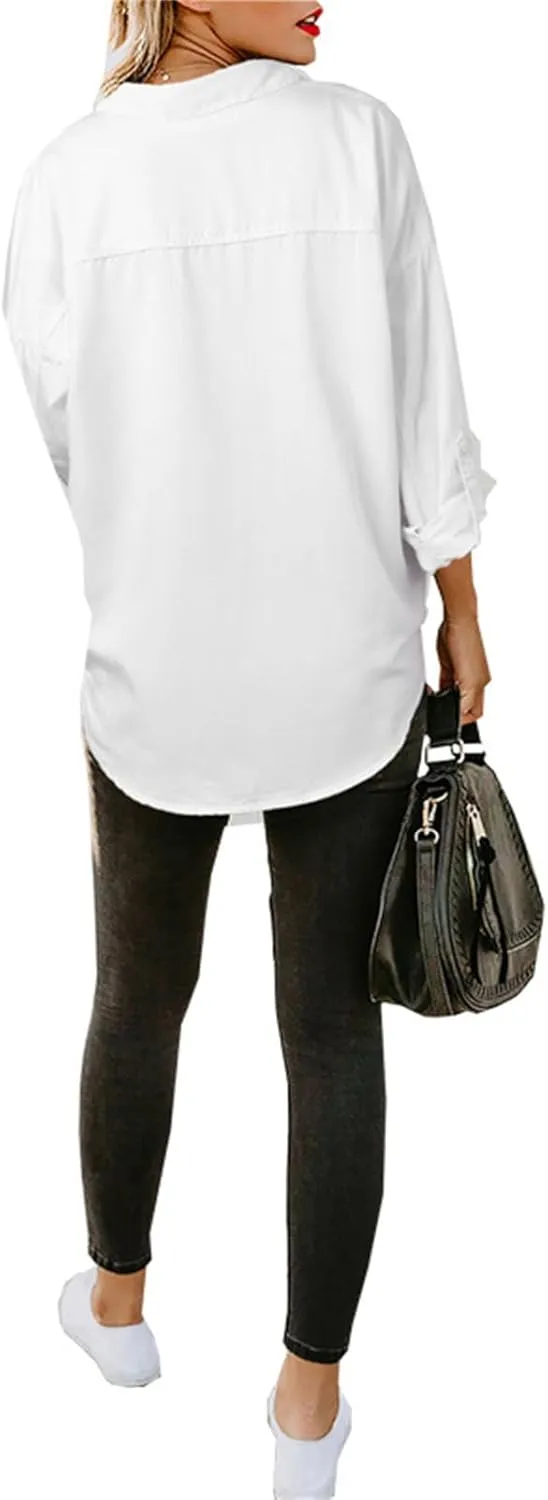 Denim Button Down Shirt Women Jean Shirts Jacket Dressy Casual Long Sleeve Blouses Tops Oversized Shacket with Pockets