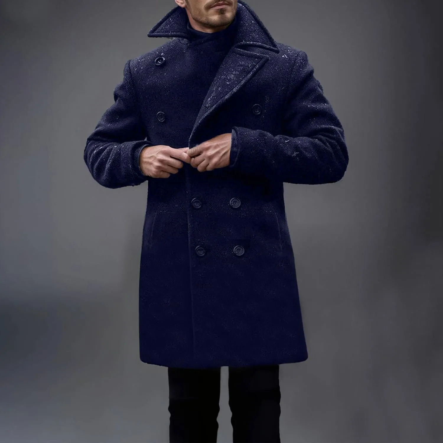 Dgoopd Men's Double Breasted Trench Coat Wool Blend Long Coat Notch Lapel Jacket Casual Pea Coat Windproof Jacket